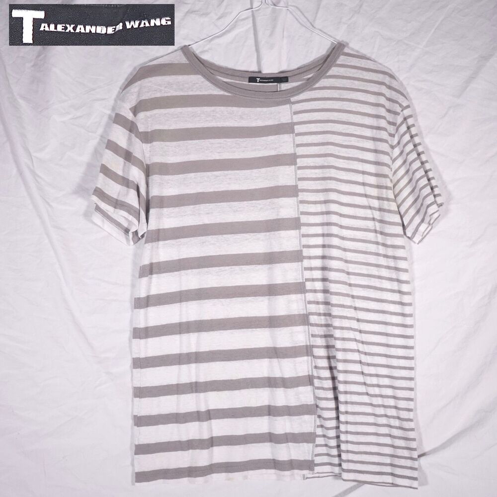 T by Alexander Wang T-Shirt Striped Split Grey White Designer Size Small